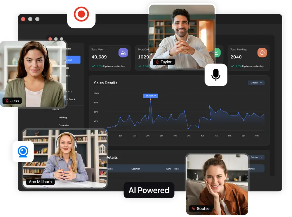 Recordr capturing a team call with multiple webcam feeds over a live dashboard, AI powered